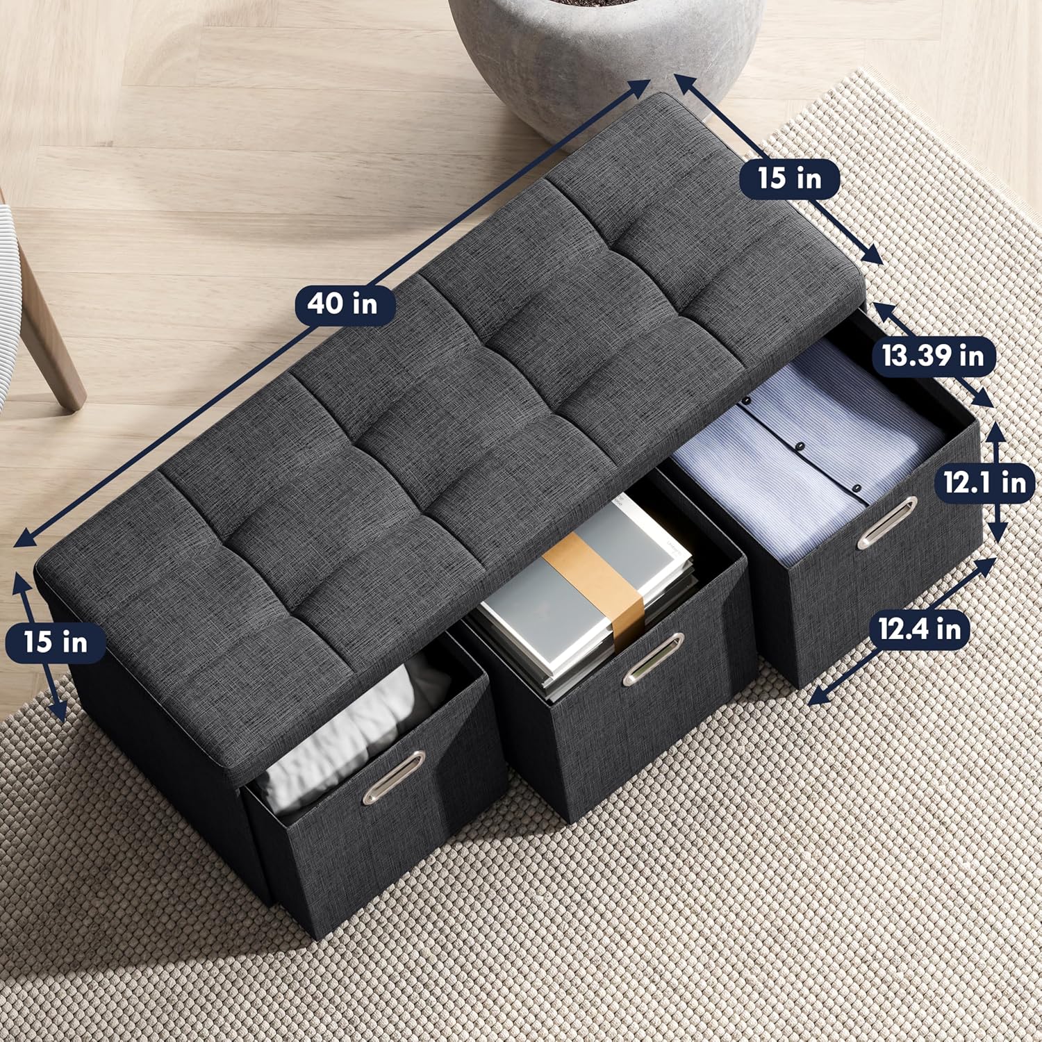 Ornavo Home 40 Inch Storage Ottoman with 3 Drawers, Tufted Linen, Black | Foldable Large Bench Design; Foot Rest Stool Seat; Ideal for Living Room, Bedroom or Entryway