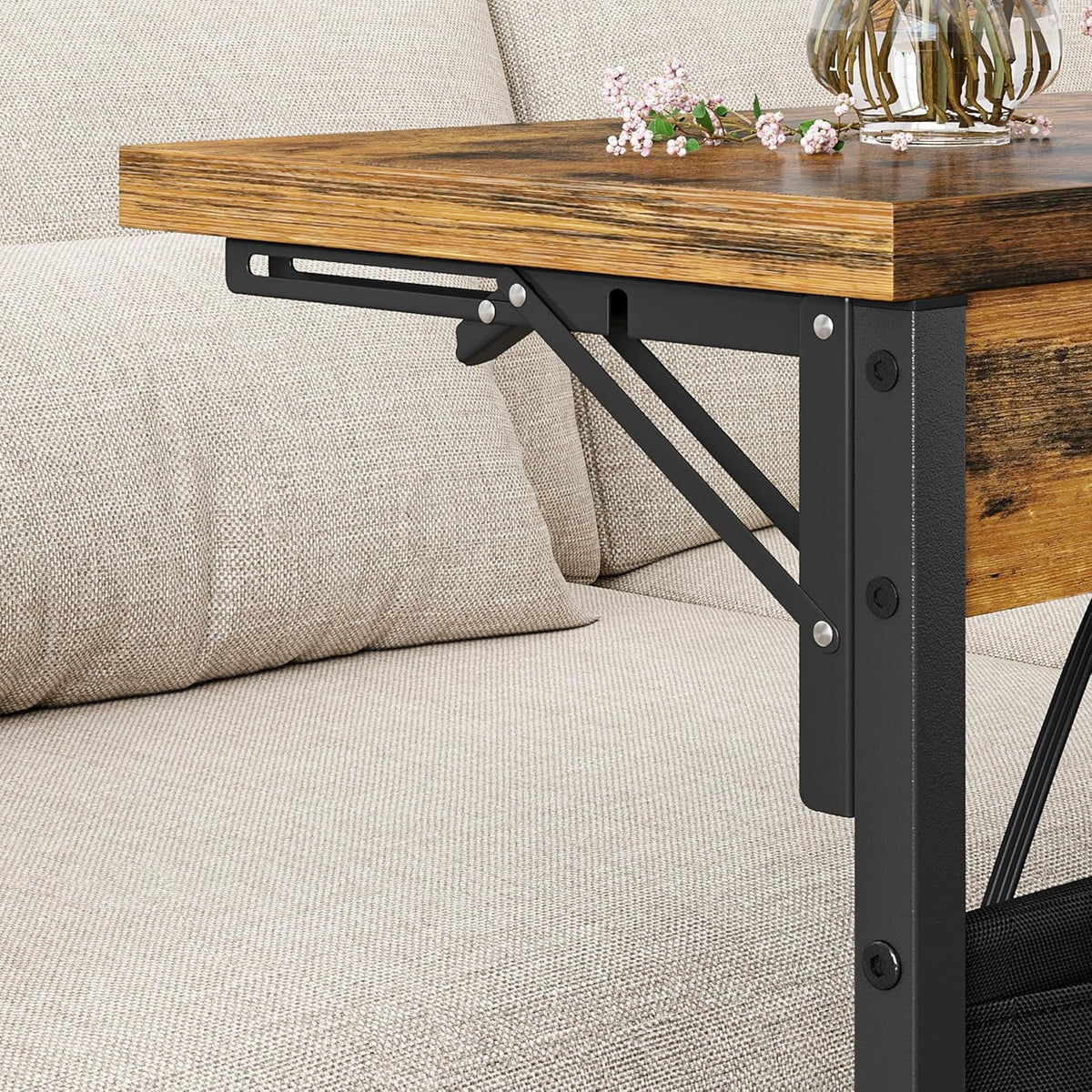 Foldable C-Shaped Table with Charging Station, Folding TV Tray End Table for Small Space, Portable Side Table for Couch, C Table with Storage Bag for Sofa Living Room, Bedroom Rustic Brown SC-005R