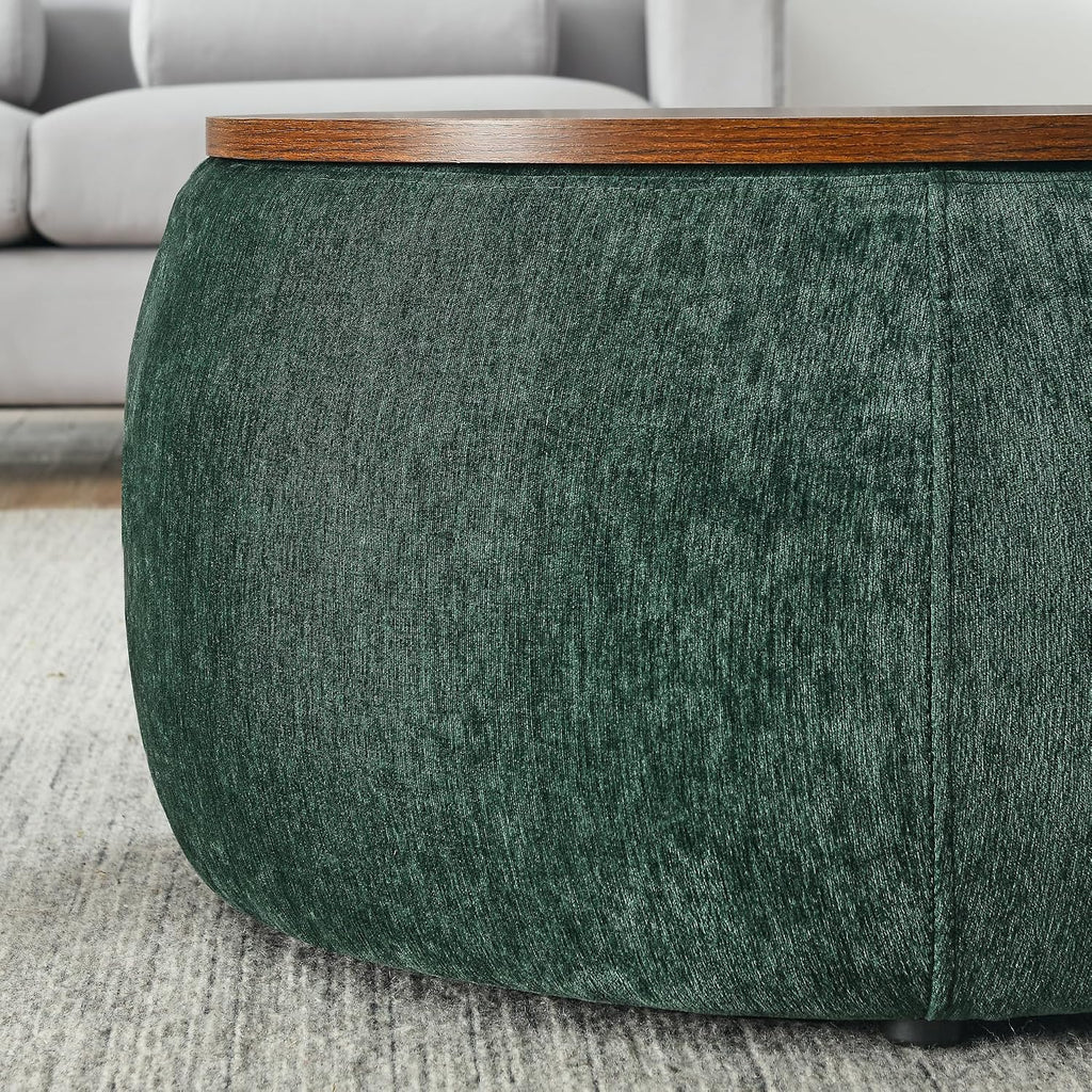 2Pcs Round Storage Ottoman, 2 in 1 Function, Work as End Table and Ottoman，Chenille Storage Ottoman with a Drum Shaped Small Stool Side Table for Living Room Bedroom Entryway Office (Green)