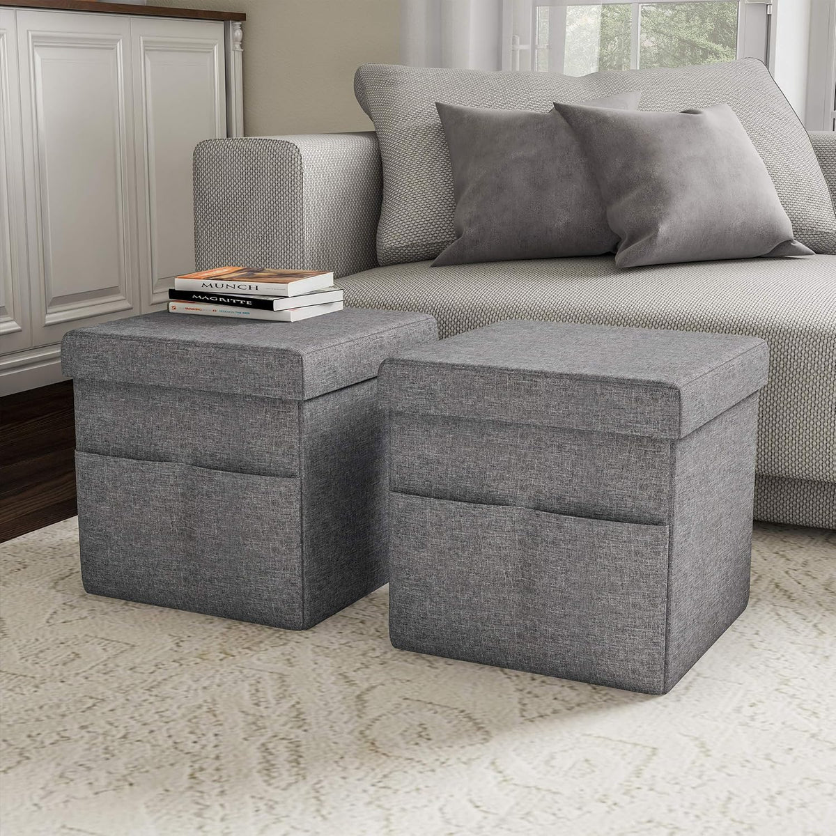Set of 2 Ottomans with Storage Pockets - 15-Inch Folding Foot Rests or Storage Organizers for Bedroom, Living Room, or Dorm by Lavish Home (Gray)
