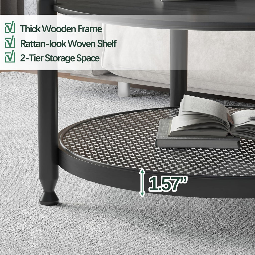 Farmhouse Round Nesting Coffee Table Set of 2, Solid Wood Round Coffee Table and End Table Set with Woven Rattan Storage Shelf, Black