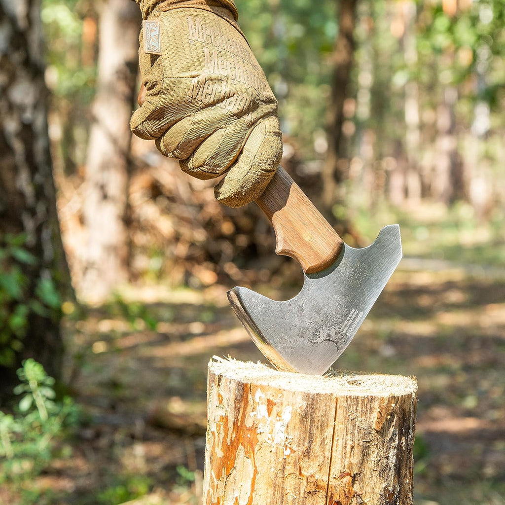 BPS Knives Bushcraft Axe with Leather Sheath - Full Tang Camping Axe - Survival Carbon Steel Hatchet - Small Wood Carving Axe - Camping Axe for Chopping Wood and Gardening