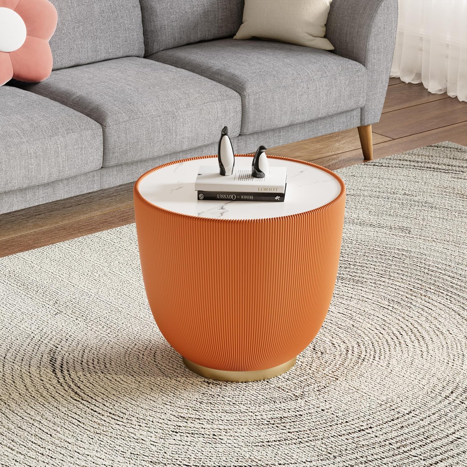 Modern Bowl-Shape End Table with Marbled Top, 19.69" Round Sofa Side Table with PU Leather Metal Base, Otange Center Table Cocktail Table, Small Accent Nightstand for Living Room