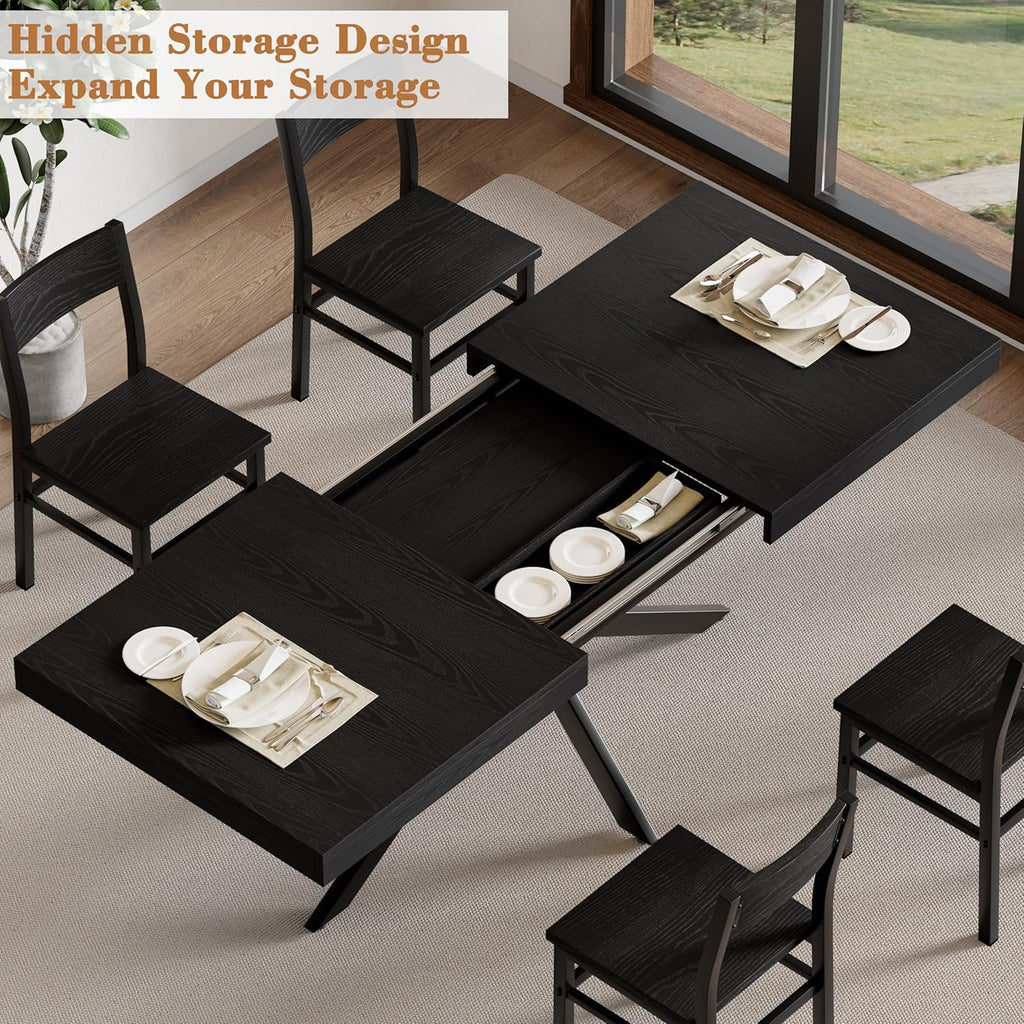 5-Piece Dining Table Set for 4 6 8, Large 55"-70.9" Extendable Dining Room Table Rectangle with Kitchen Chairs of 4, MDF Wood & Metal Frame for Apartment Kitchen, Saving Space, Modern, Black