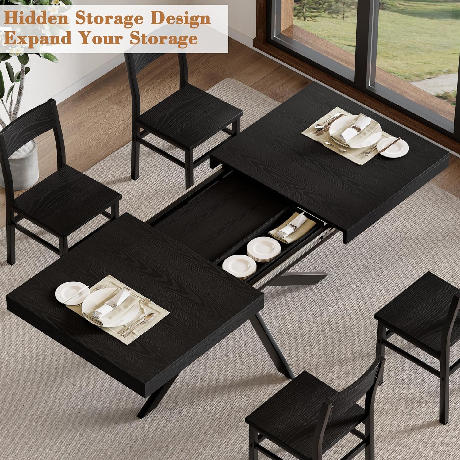 5-Piece Dining Table Set for 4 6 8, Large 55"-70.9" Extendable Dining Room Table Rectangle with Kitchen Chairs of 4, MDF Wood & Metal Frame for Apartment Kitchen, Saving Space, Modern, Black