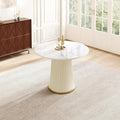 Round Dining Table with Marble Grain Top for 4-6 People,35.43 Inches Dining Room Table with Pleated PU Leather Pedestal Base, Circle Kitchen Tables for Dining Room, Kitchen, Living Room