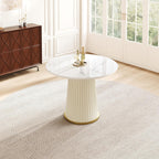 Round Dining Table with Marble Grain Top for 4-6 People,35.43 Inches Dining Room Table with Pleated PU Leather Pedestal Base, Circle Kitchen Tables for Dining Room, Kitchen, Living Room