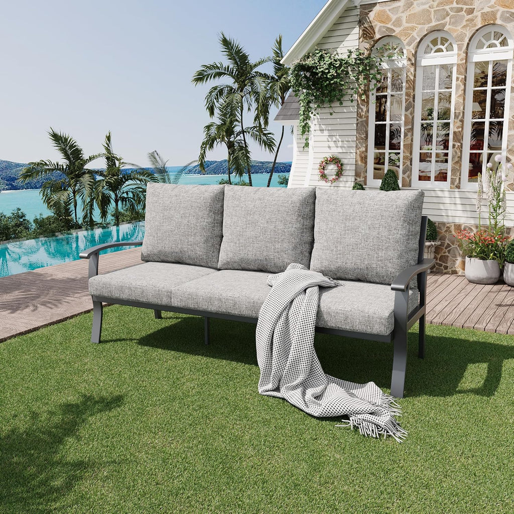 HOMREST Outdoor Couch Aluminum Patio Furniture Sofa, 3-Seat All-Weather Metal Outdoor Patio Furniture with Cushions, Grey