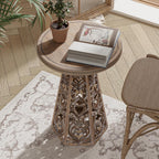 COZAYH Rustic Farmhouse Wooden End Table, Distressed Round Accent Table with Intricate Carved Floral Patterns, Boho, for Living Room, Bedroom, or Entryway, Distressed Wood Color