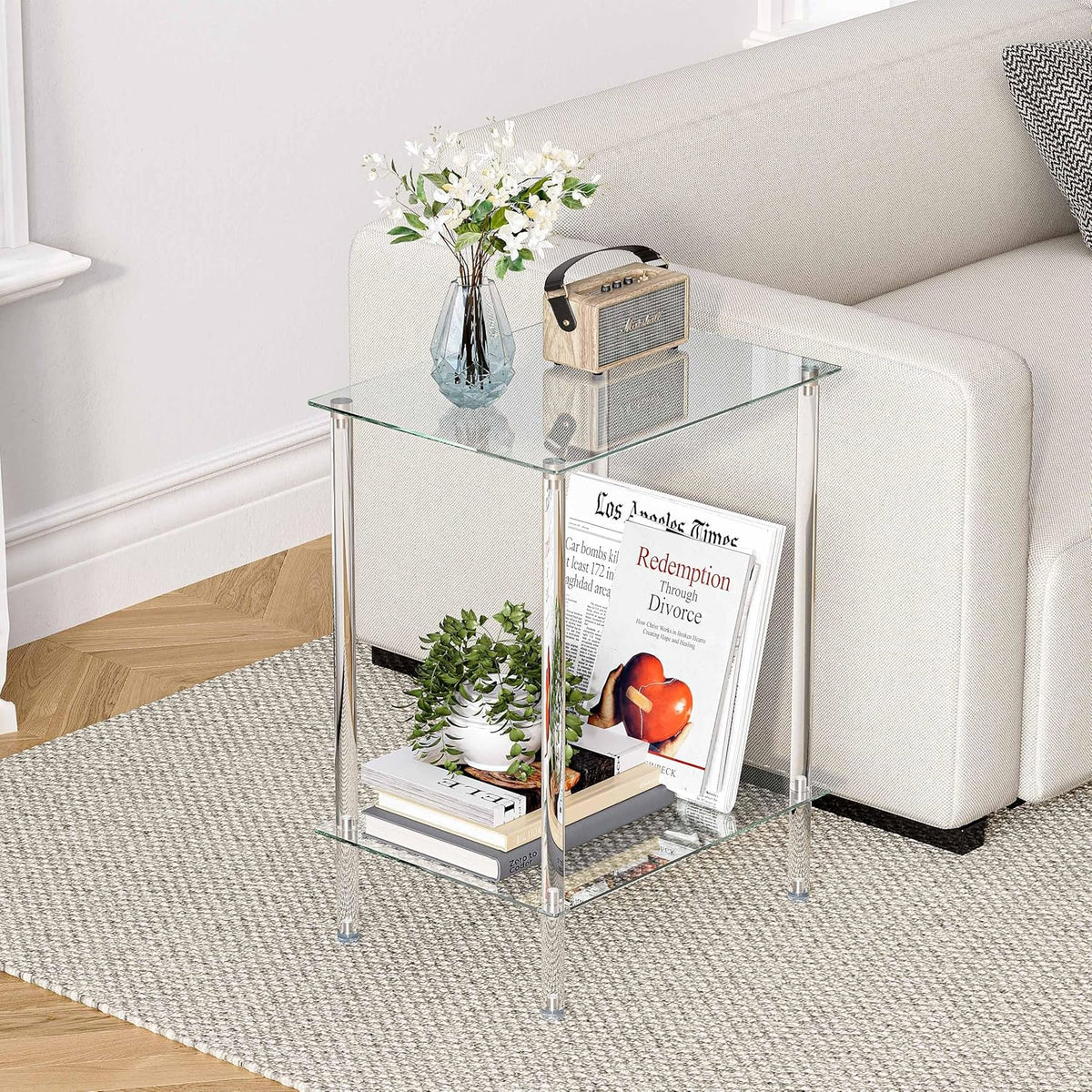 Tempered Glass Side Table, Acrylic End Table, 2-Tier Transparent Nightstand, Clear Coffee Table, for Small Spaces Living Room Bedroom Balcony Transparent LET518TR