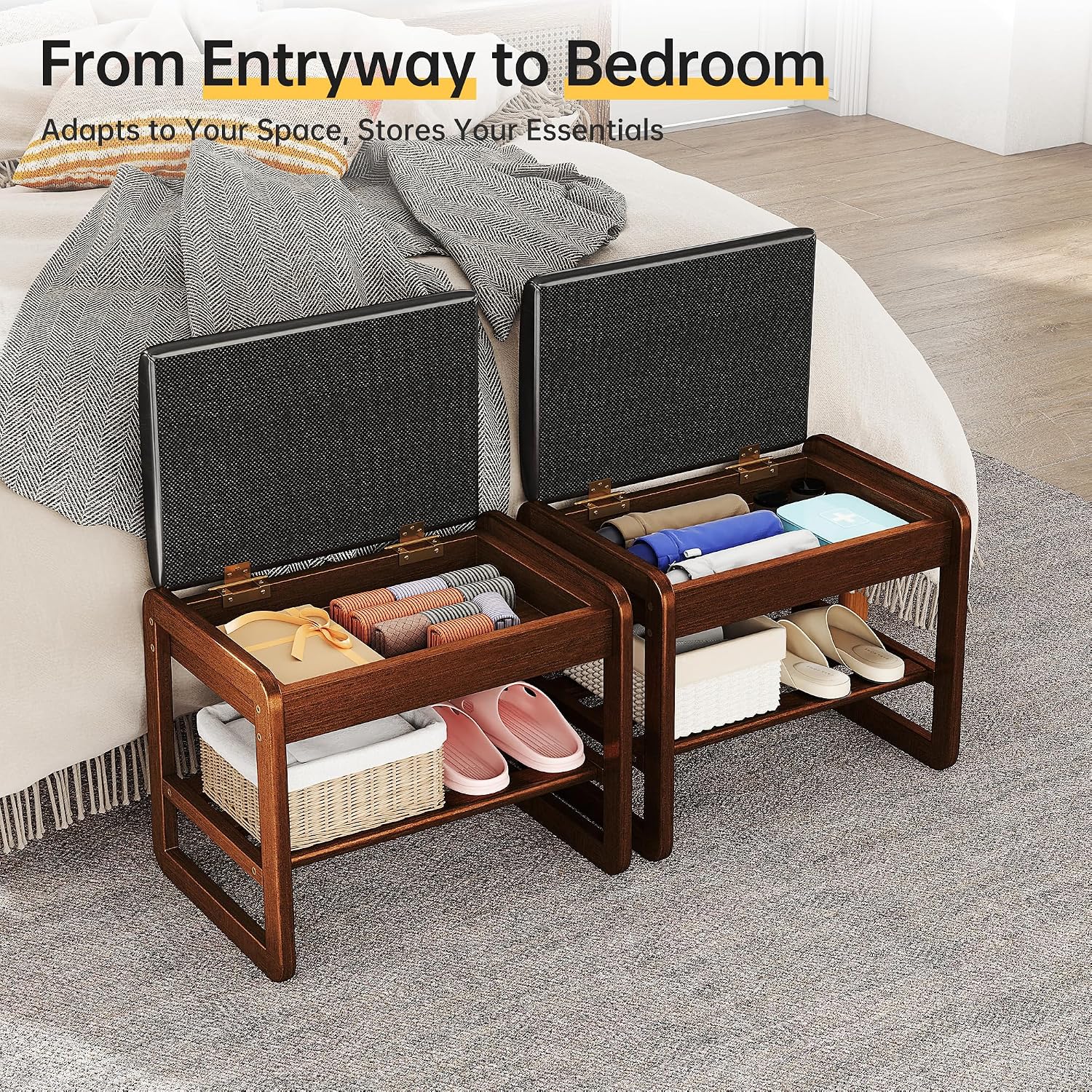 Shoe Rack Bench with Flip-Top Storage, Rubberwood 2-Tier Shoe Organizer with Cushion, Small Wooden Shoe Stand for Entryway, Mudroom, Hallway, Closet, Front Door Entrance, Foyer