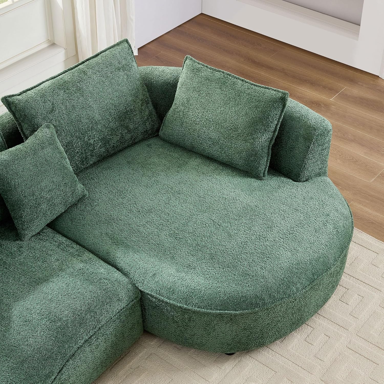 125” Curved Boucle Sofa,Modern 5-Seater L-Shape Sectional Couch with Chaise and Memory Foam,Modular Oversized Teddy Sofas for Living Room,Bedroom,Apartment (Right Facing,Green)