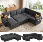 Sectional Sleeper Sofa with Pull Out Bed, Plush Corduroy 7 Seat Modular Sectional Sofa with Storage Chaise and Adjustable Backrest, Cloud Couches for Living Room, Apartment, Dark Grey