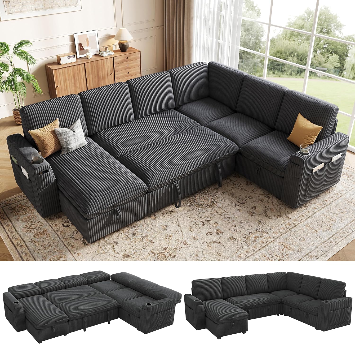 Sectional Sleeper Sofa with Pull Out Bed, Plush Corduroy 7 Seat Modular Sectional Sofa with Storage Chaise and Adjustable Backrest, Cloud Couches for Living Room, Apartment, Dark Grey