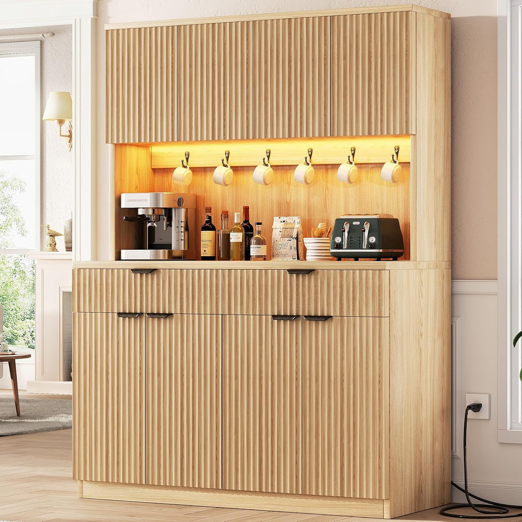 Jocoevol Fluted Kitchen Pantry Storage Cabinet with Charging Station/LED Light/Doors/Shelves, 71'' Tall Kitchen Food Hutch with Microwave Stand for Dining Room Living Room (Natural, 47 * 15.7 * 71)