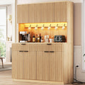 Jocoevol Fluted Kitchen Pantry Storage Cabinet with Charging Station/LED Light/Doors/Shelves, 71'' Tall Kitchen Food Hutch with Microwave Stand for Dining Room Living Room (Natural, 47 * 15.7 * 71)