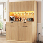 Jocoevol Fluted Kitchen Pantry Storage Cabinet with Charging Station/LED Light/Doors/Shelves, 71'' Tall Kitchen Food Hutch with Microwave Stand for Dining Room Living Room (Natural, 47 * 15.7 * 71)