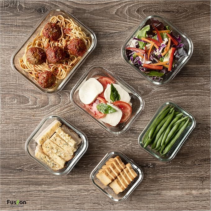 Fusion Gourmet Glass Meal Prep Containers with Lids [6 Pack] Storage Containers, Leak proof, Airtight Locking Lids, Microwave, Oven, Freezer & Dishwasher Safe