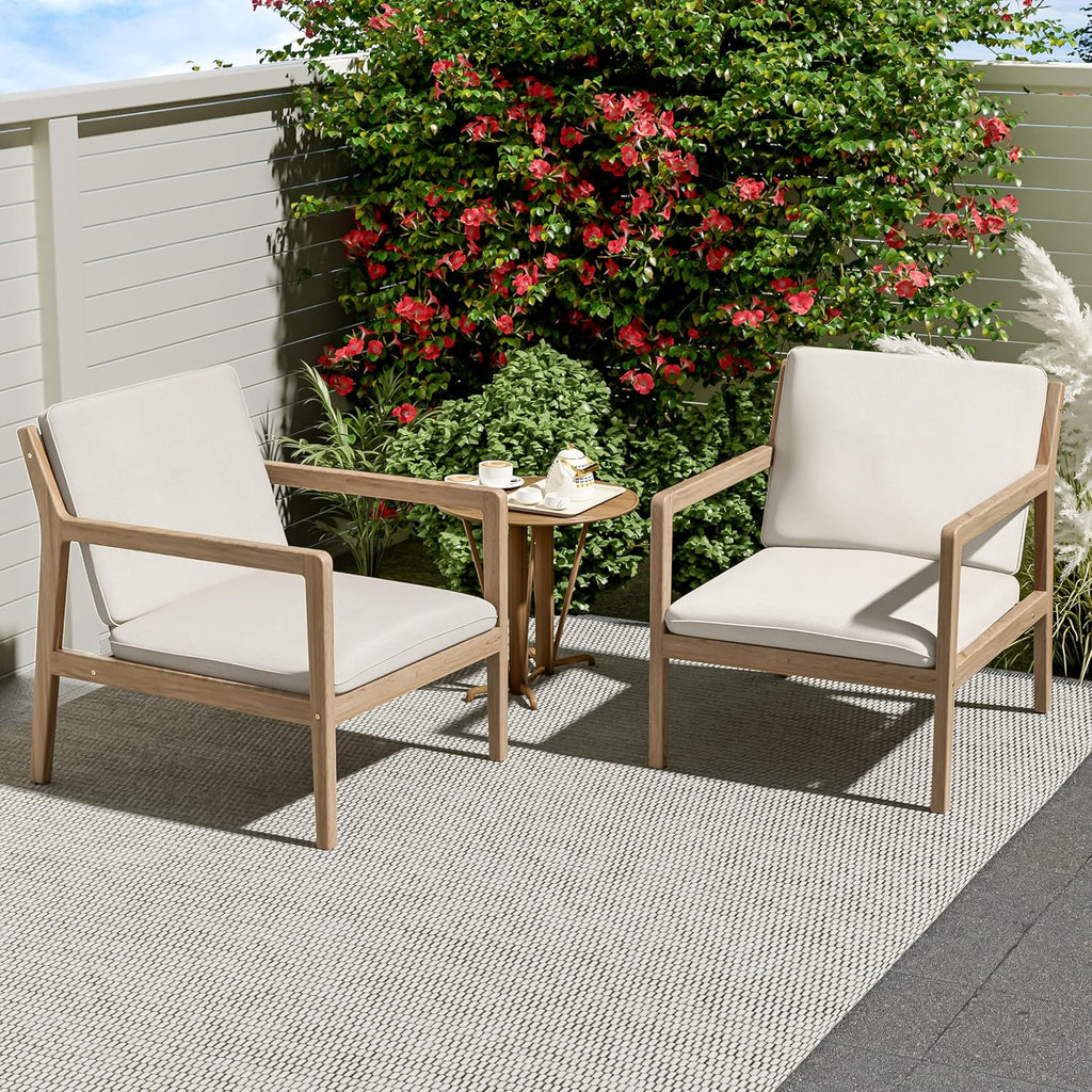 Elountik Acacia Wood Patio Club Chair Set of 2 with Cushions, Outdoor Armchairs for Patio Seating, Light Teak