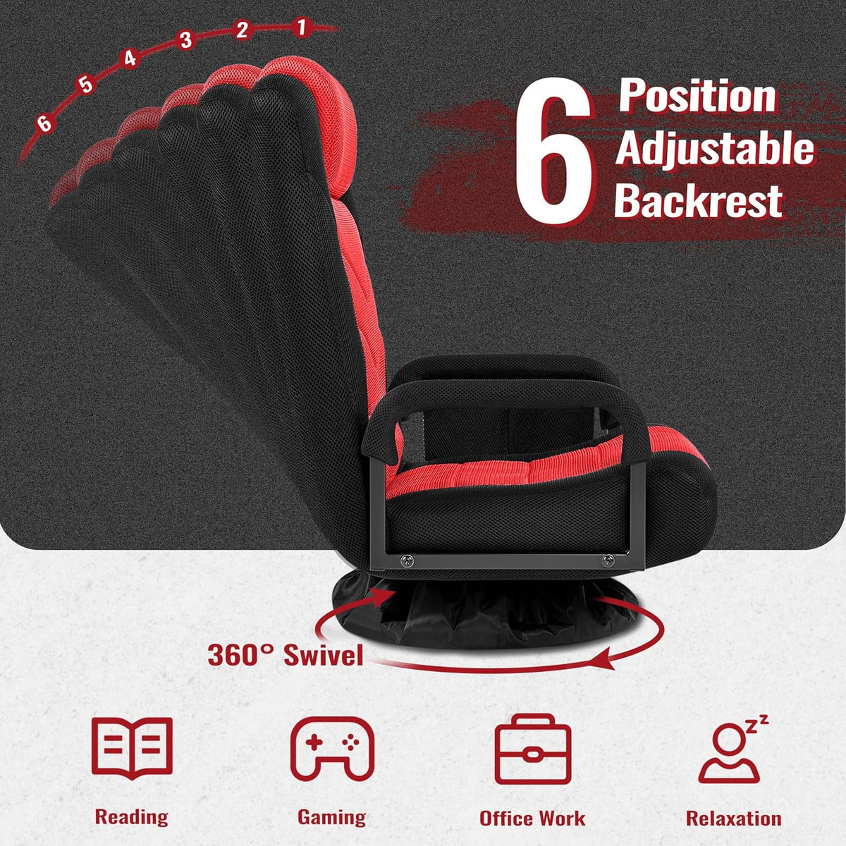 Yaheetech Floor Gaming Chair High-Back Swivel Adjustable Folding Seat Red | Foam-padded polyester mesh seat on an iron frame swivels 360°, reclines for gaming or TV, and folds flat for easy storage.