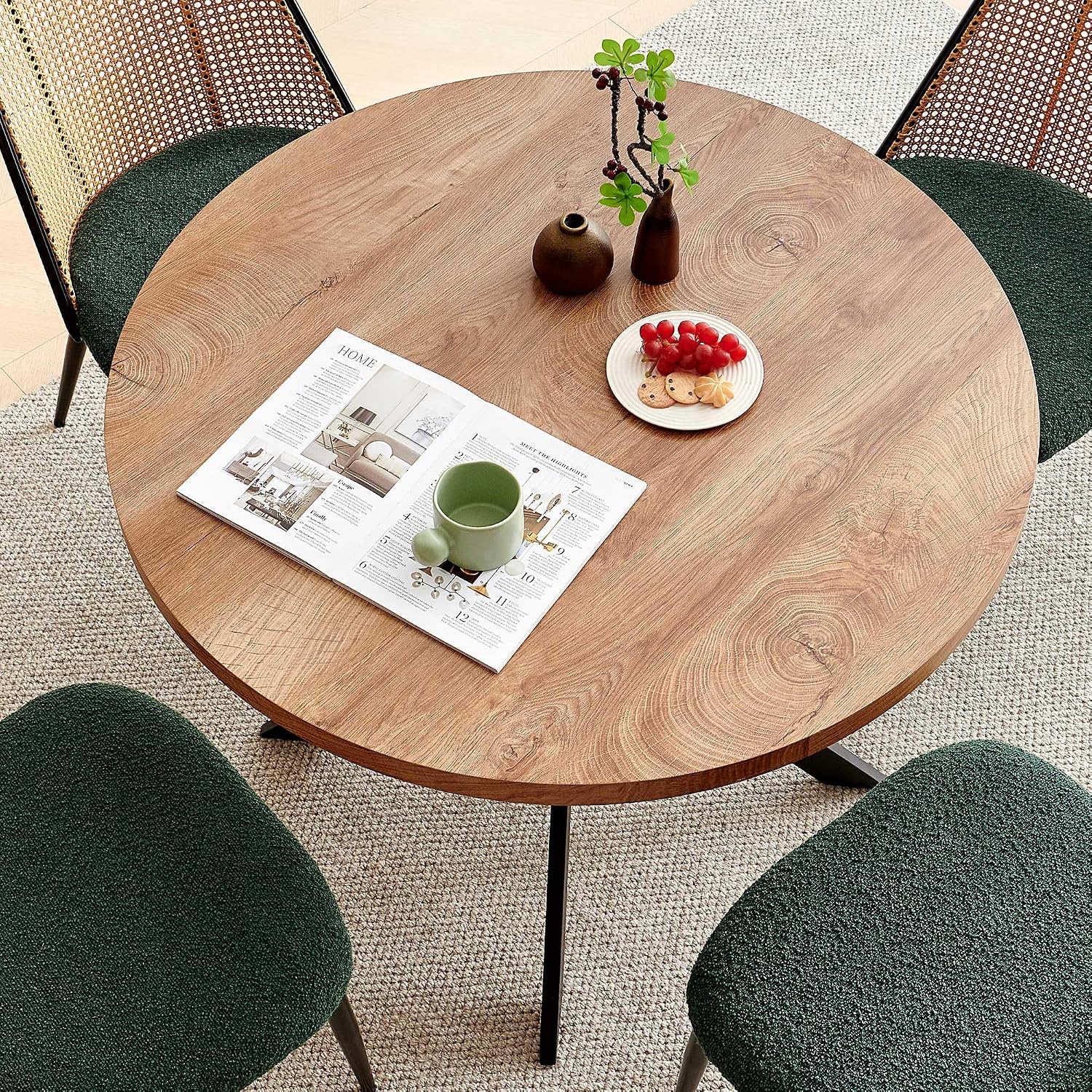 NORDICANA Dining Table Set for 4, Wooden Round Table and Wicker Chairs, 5-Piece Modern Kitchen Dinette Set for Breakfast Nook, Green Boucle Seat