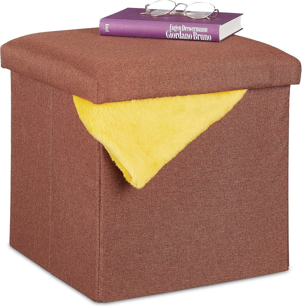 Relaxdays Stool with Storage Space, Foldable, Soft, Padded, Square, Fabric, Cube, HxWxD: 37 x 37.5 x 37.5 cm, Brown