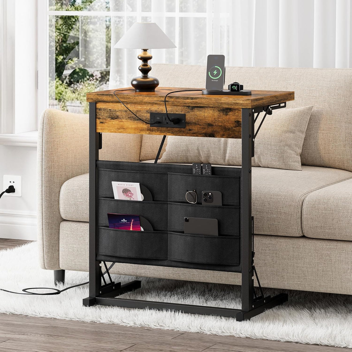 Foldable C-Shaped Table with Charging Station, Folding TV Tray End Table for Small Space, Portable Side Table for Couch, C Table with Storage Bag for Sofa Living Room, Bedroom Rustic Brown SC-005R