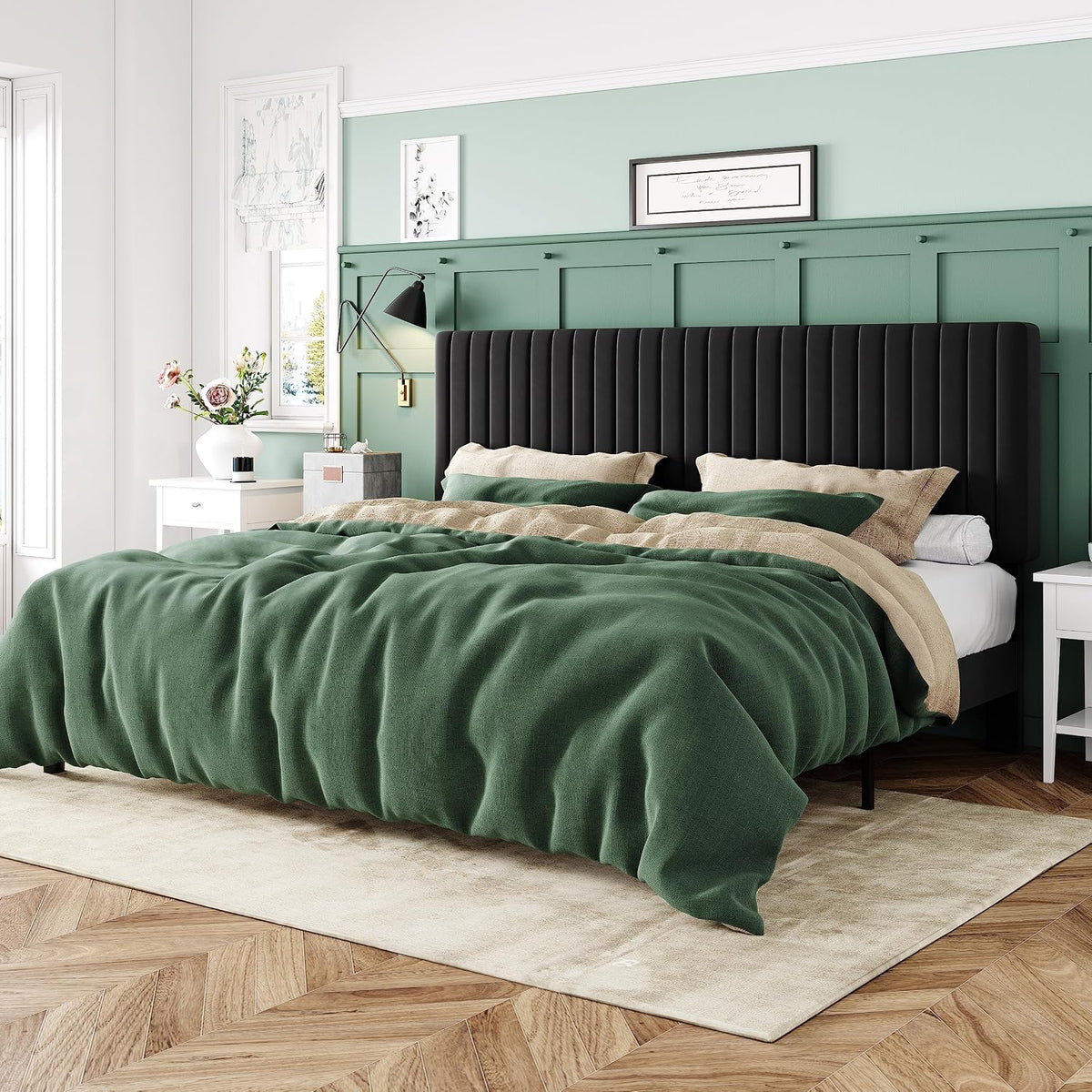 Allewie King Platform Bed Frame, Velvet Upholstered with Adjustable Vertical Channel Tufted Headboard, Mattress Foundation with Strong Wooden Slats, Box Spring Optional, Easy Assembly, Black