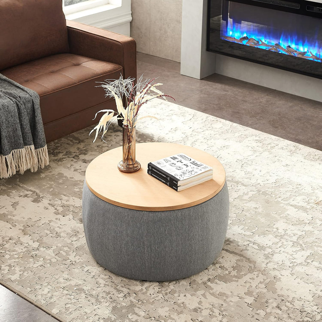 Round Ottoman, Ottoman with Storage, Coffee Table 2 in 1 Function, End Table for Living Room, Hallway, Bedroom (Dark Grey)