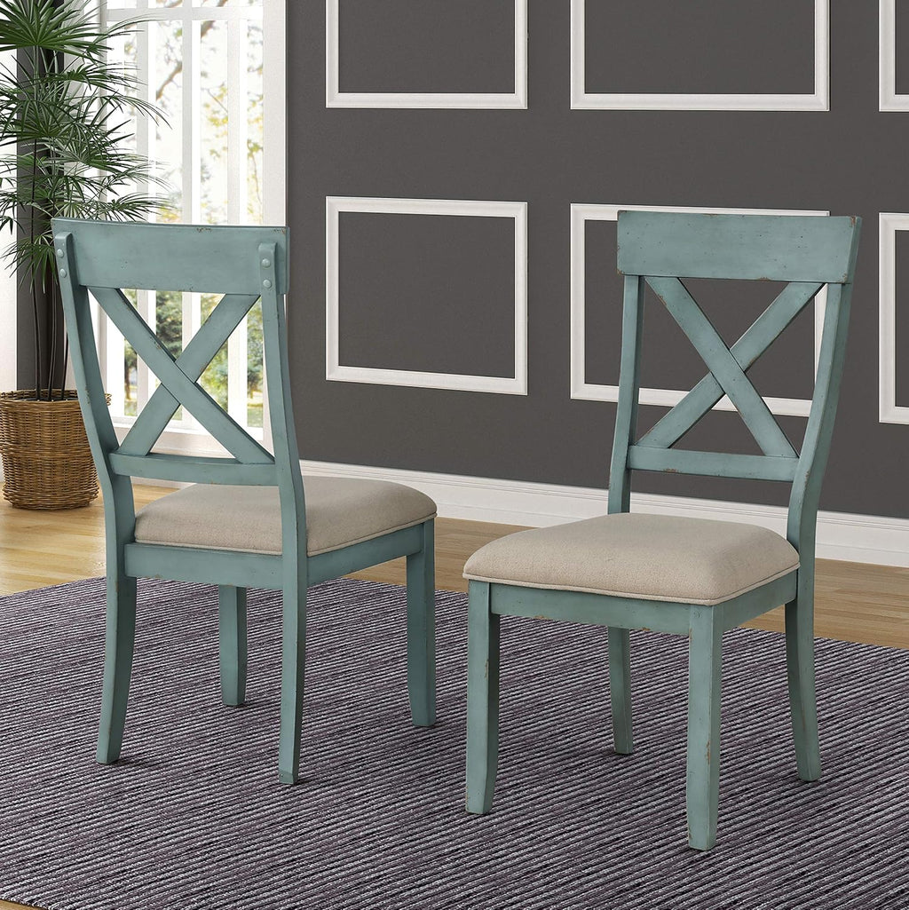 Roundhill Furniture Prato 6-Piece Dining Set, Dining Table with 4 Cross Back Chairs and Bench, Antique Blue and Distressed Walnut Finish