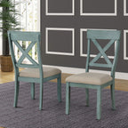 Roundhill Furniture Prato 6-Piece Dining Set, Dining Table with 4 Cross Back Chairs and Bench, Antique Blue and Distressed Walnut Finish