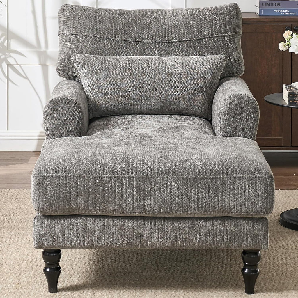 KEIKI Chaise Lounge Chair Indoor, Modern Leisure Sleeper Sofa Chair w/Double Deep Cushion, Accent Upholstered Reading Side Armchair, Recliner Arm Chairs for Living Room & Bedroom, Easy Assembly, Gray