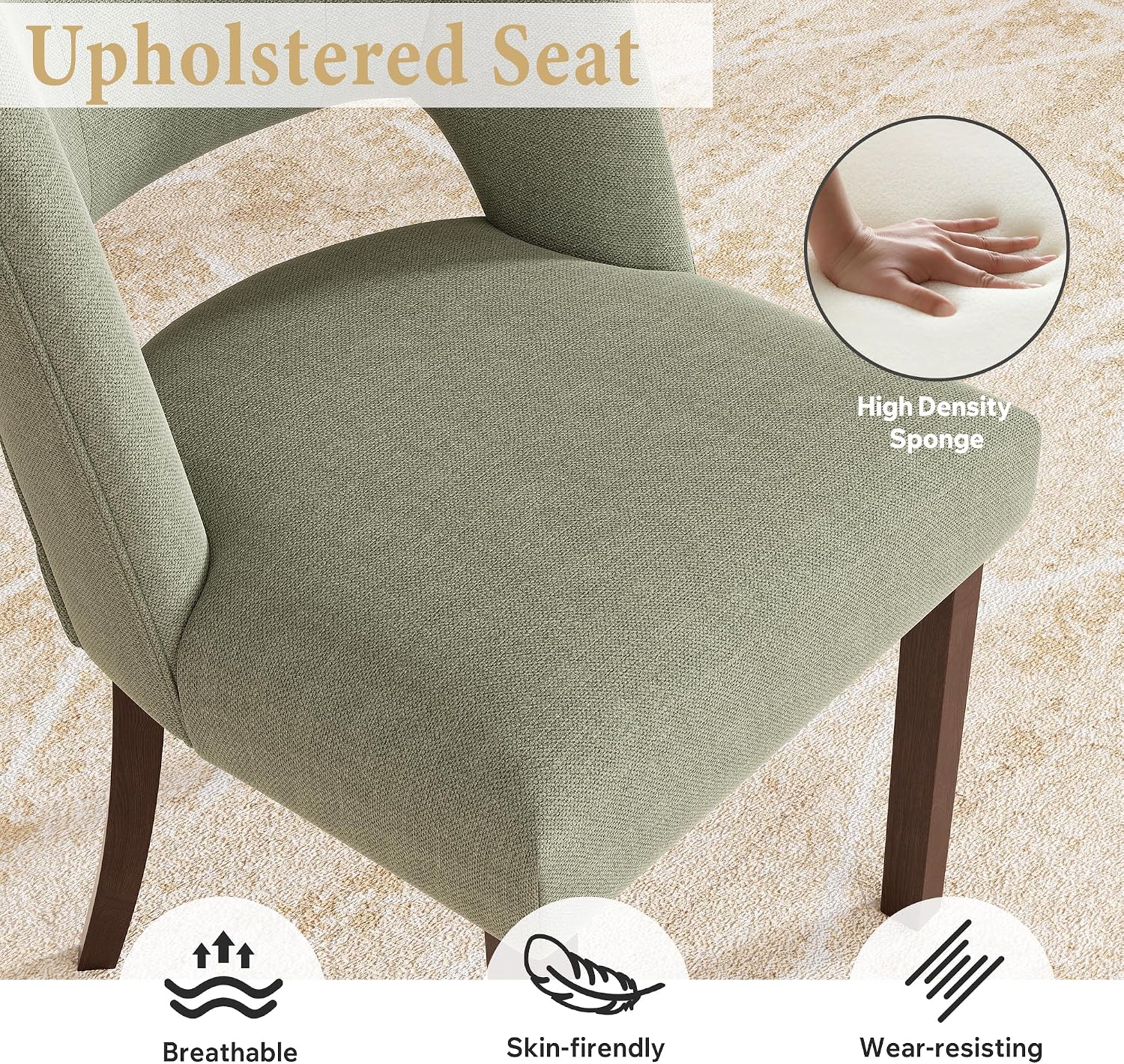 Dining Chairs Set of 6,Modern Dining Room Chairs with Thick Cushions,Linen Upholstered Kitchen Dining Chairs with Wood Legs for Kitchen Dining Room Living Room,Green