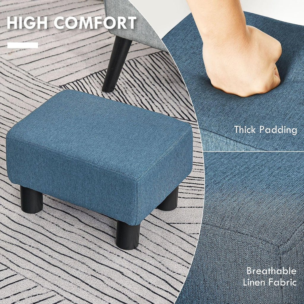 Small Trendy Comfortable Linen Fabric Cube Ottoman Footrest with Premium Construction, Sleek Blue Design, and Versatile Appeal