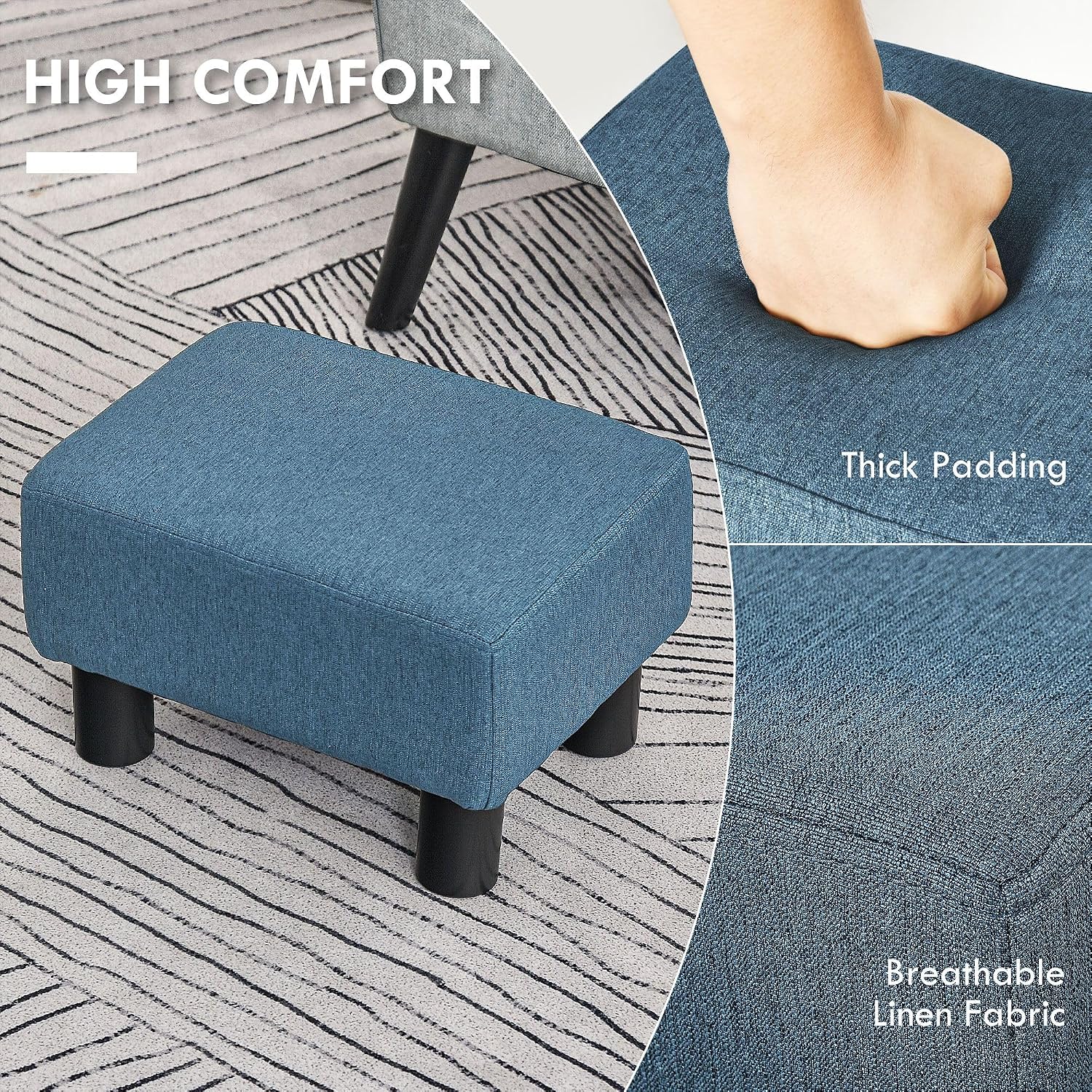 Small Trendy Comfortable Linen Fabric Cube Ottoman Footrest with Premium Construction, Sleek Blue Design, and Versatile Appeal