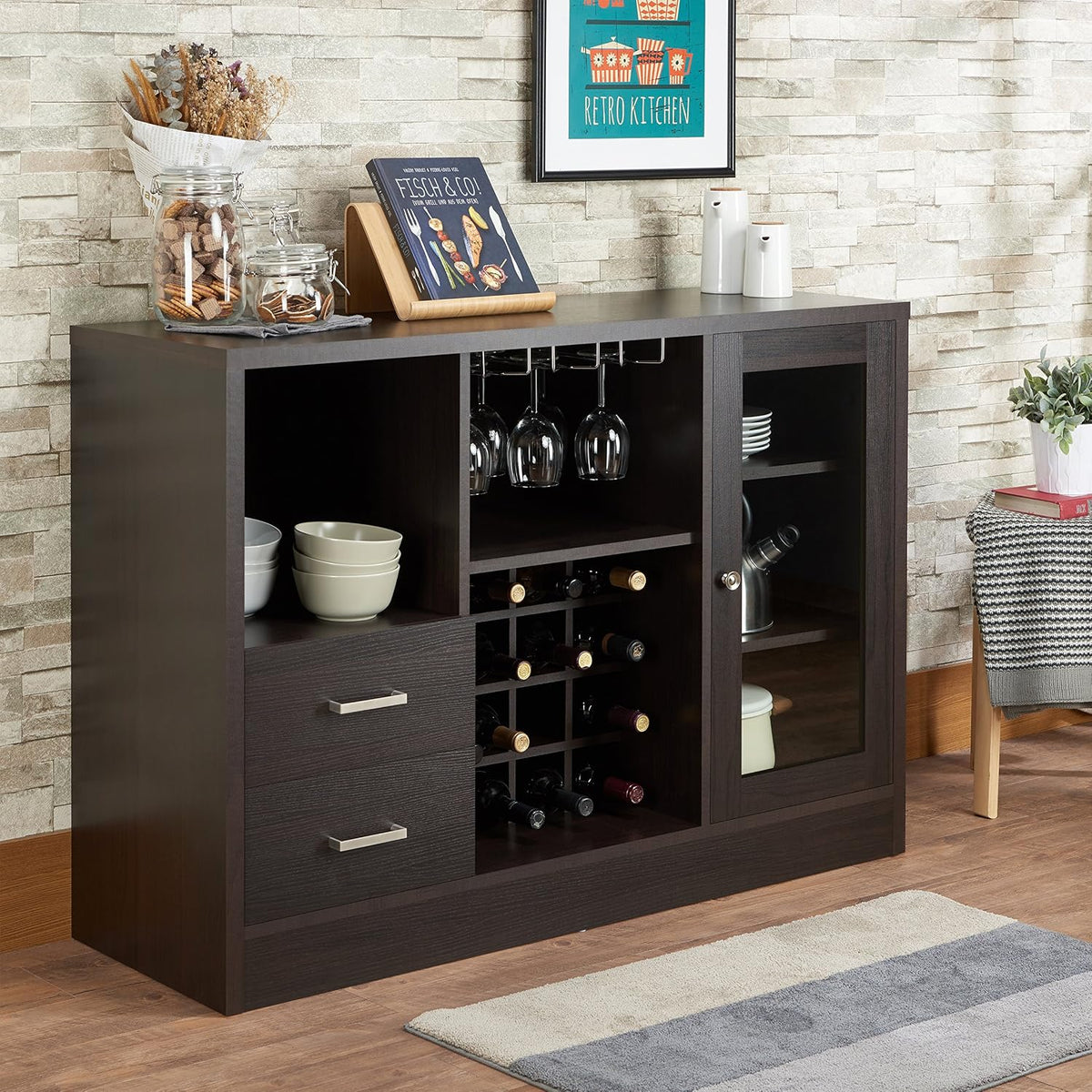 Knocbel Wooden Storage Wine Cabinet with Glass Door and 2 Interior Shelves, Console Table Buffet Sideboard Server with Drawers and Open Compartments for Kitchen 16" D x 47" W x 33" H Espresso