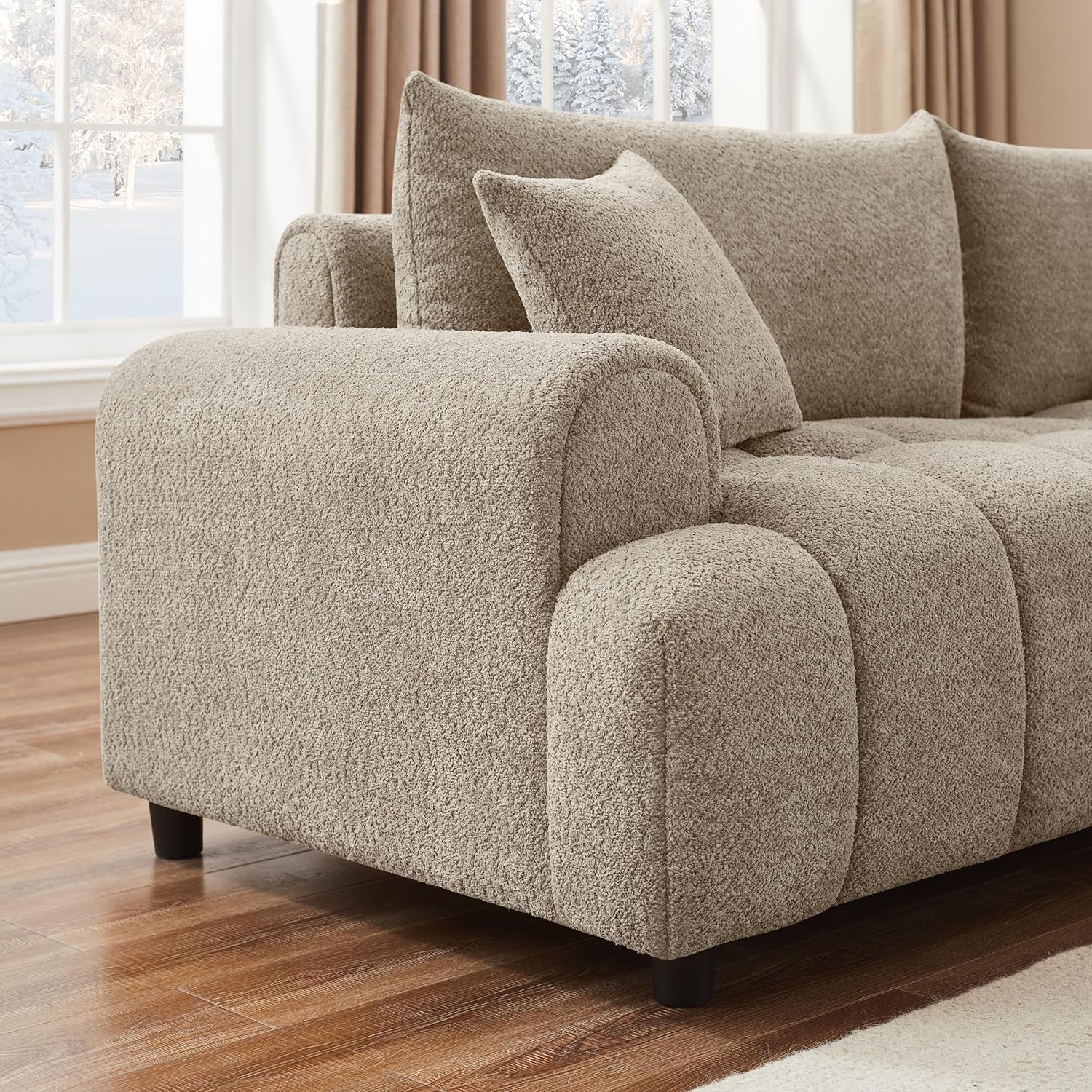 VANOMi Boucle Sofa Couch, 91" Comfy Tufted Upholstered Cloud Couches, Modern 3 Seater Sofa with Pillows, Oversized Deep Seat Sherpa Couch for Living Room, Bedroom, Apartment (Camel Color)