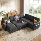 Sectional Sleeper Sofa with Pull Out Bed, Plush Corduroy 7 Seat Modular Sectional Sofa with Storage Chaise and Adjustable Backrest, Cloud Couches for Living Room, Apartment, Dark Grey