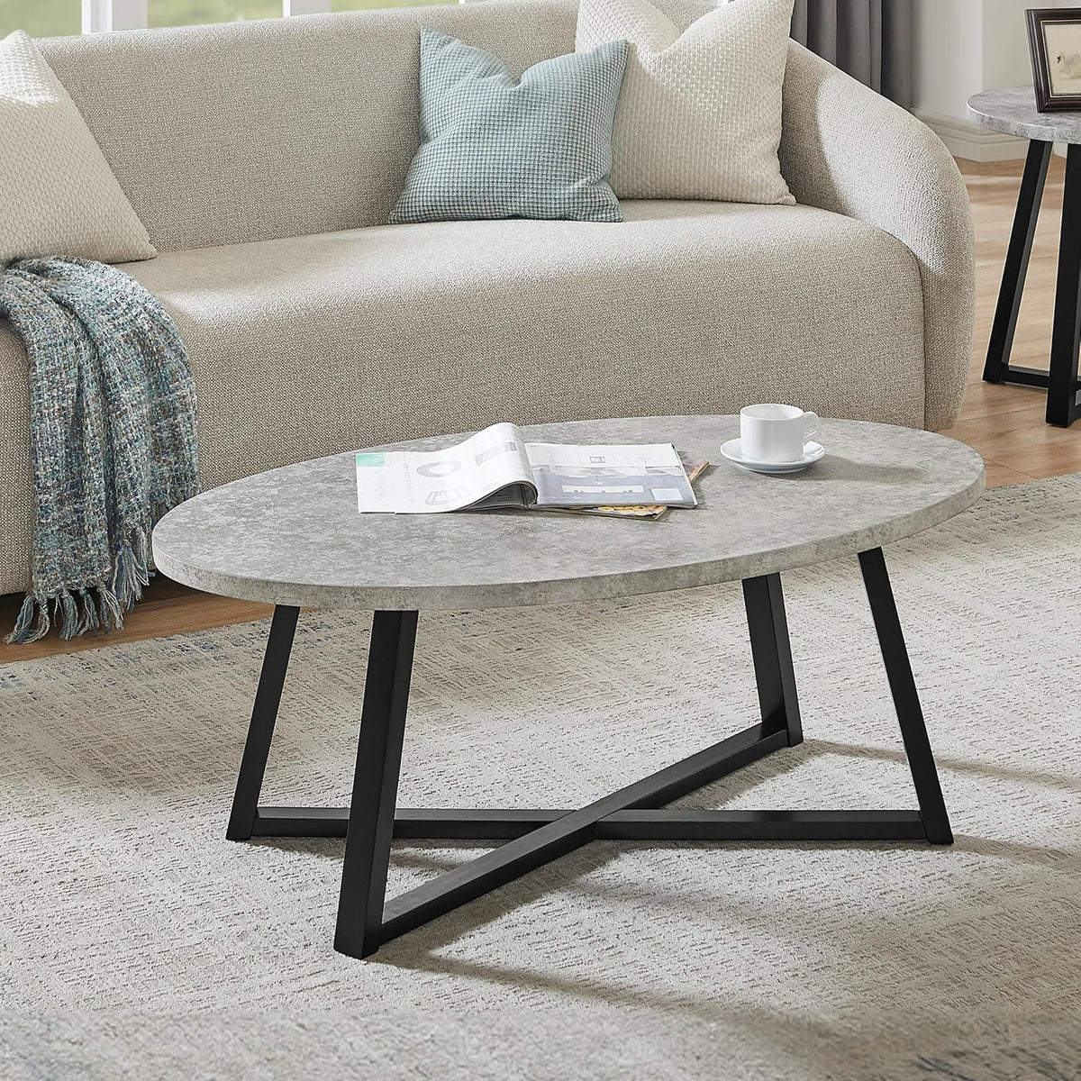 Polay Coffee Table Set 3-Piece Oval Wood with 2 Round End Tables | Modern 3-piece set with durable MDF tops and solid rubberwood legs. Oval coffee table plus two round end tables for a co