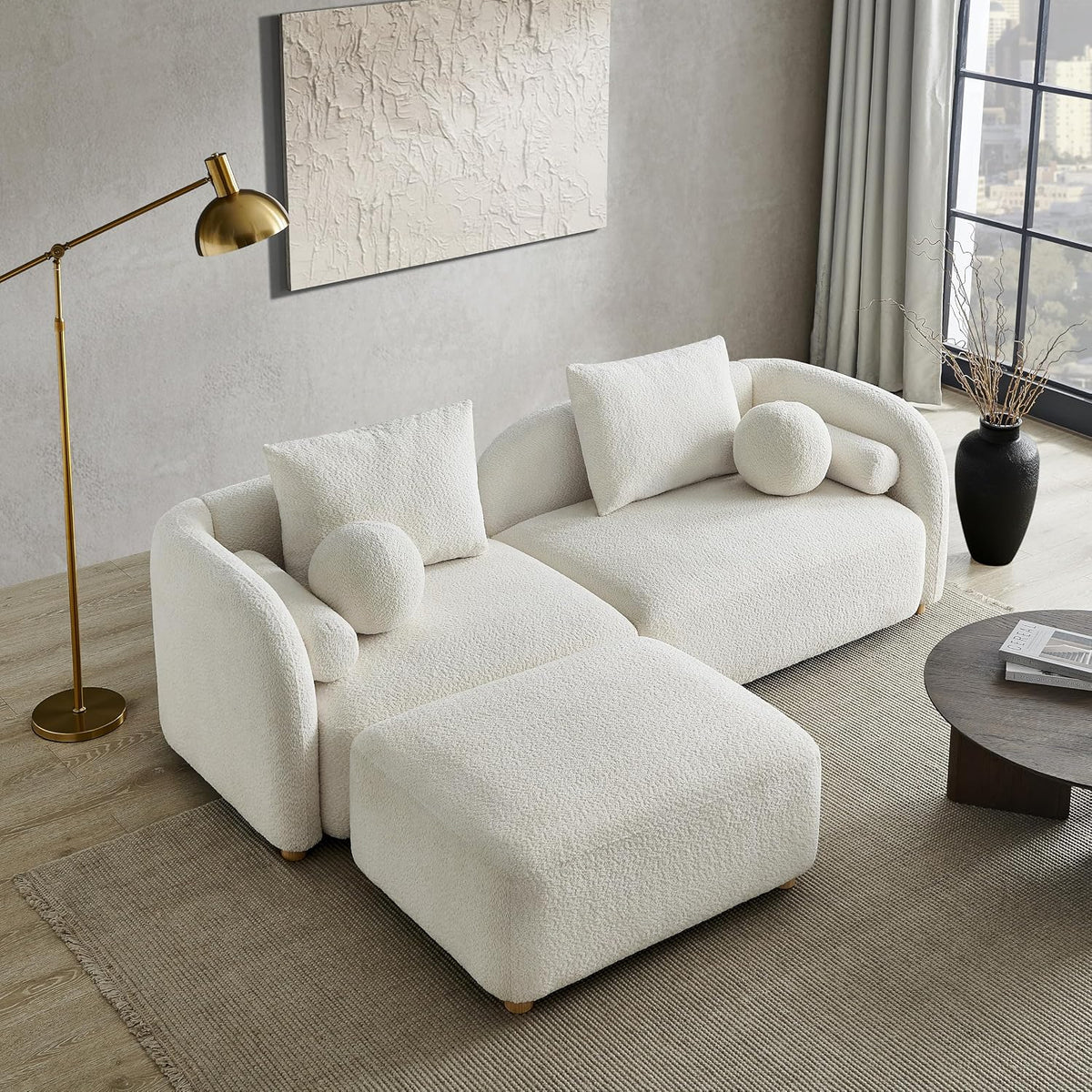 Modern Sherpa Boucle Ottoman, Comfy Modular Cloud Couch Ottoman, Apartment, Cream White