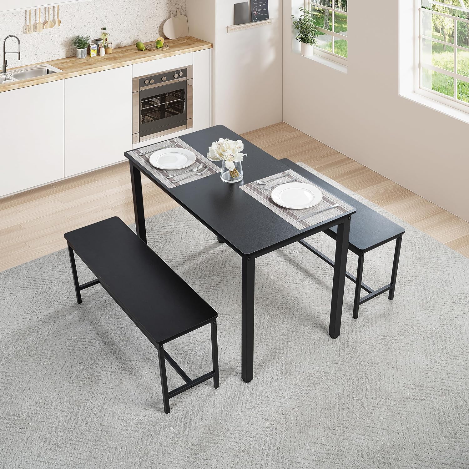 Naomi Home Space Saving 3 Piece Dining Table Set for Apartments & Small Spaces, Benches Tuck Under, Durable MDF & Steel Frame, Waterproof & Heat Resistant Kitchen Nook Set