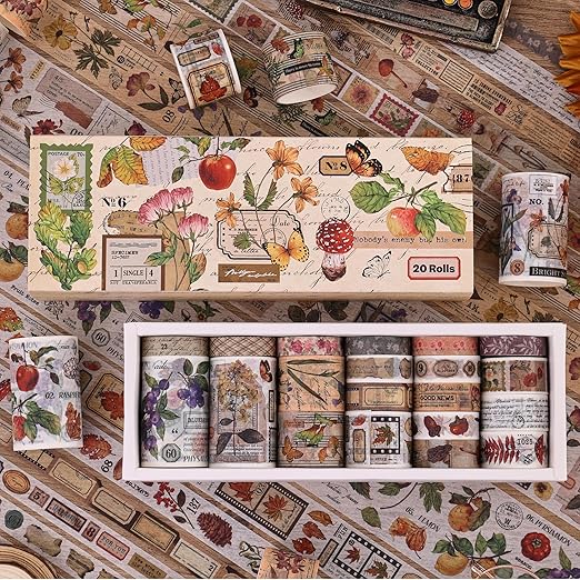 20 Rolls Vintage Washi Tape Set, Floral Letter Butterfly Mushroom Botanical Flower Writable Decorative Tapes for Scrapbooking , Junk Journal Supplies, Bullet Journaling 10-60mm Wide 6.56ft long/Roll