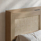Evermagin Rattan Bed Frame Queen Size with Woven Headboard, Natural Oak