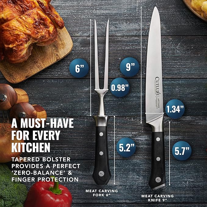 Cutluxe Turkey Carving Knife Set Carving Fork & Knife for Meat, BBQ, Brisket Razor Sharp Premium German Steel Full Tang, Ergonomic Handle Artisan Series