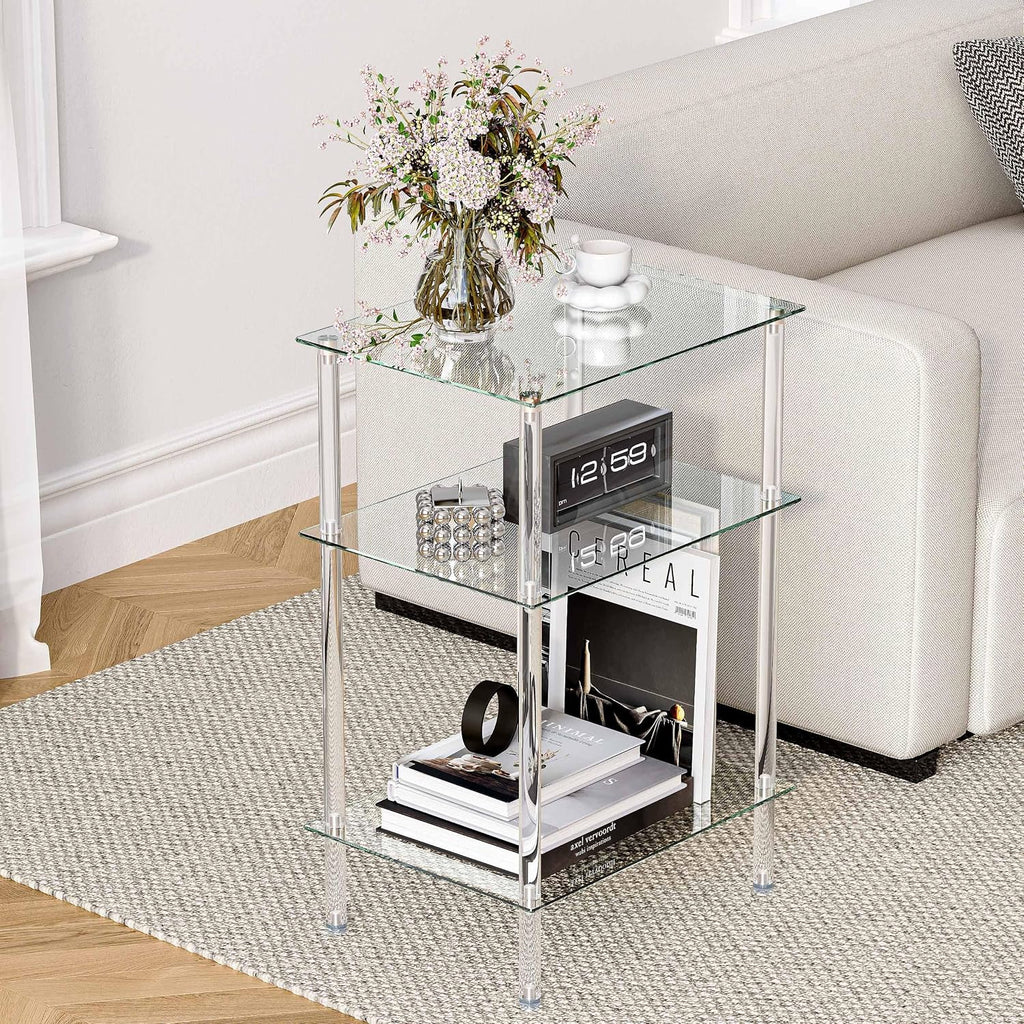 Tempered Glass Side Table, Acrylic End Table, 3-Tier Transparent Nightstand, Clear Coffee Table, for Small Spaces Living Room Bedroom Balcony Transparent LET519TR