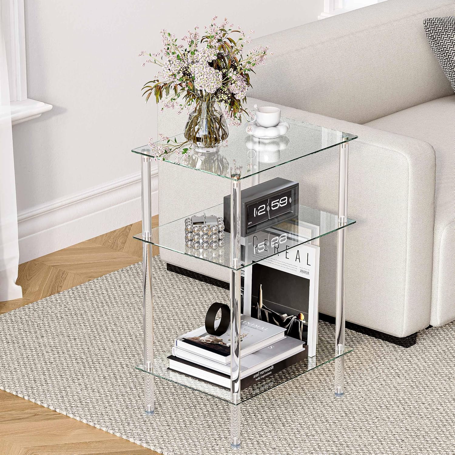 Tempered Glass Side Table, Acrylic End Table, 3-Tier Transparent Nightstand, Clear Coffee Table, for Small Spaces Living Room Bedroom Balcony Transparent LET519TR