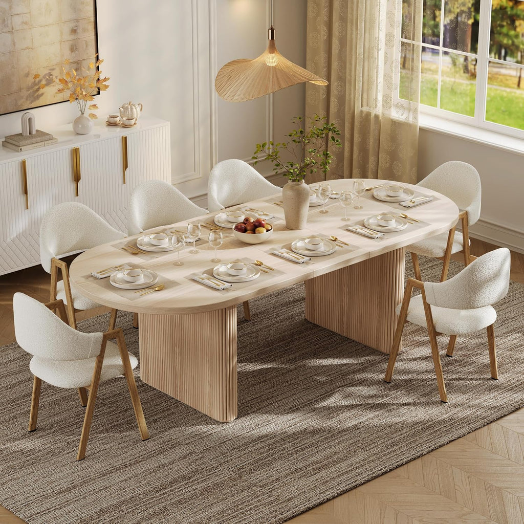 homary Oval Extendable Dining Table 79"–94", Japandi Wooden Dining Table for 6–10, Solid Wood Kitchen & Dining Room Table with Double Pedestal Base (Table Only)