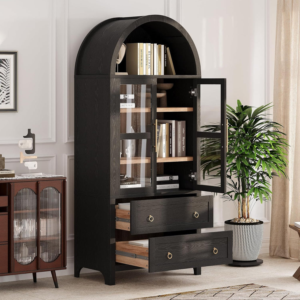 71" Tall Arched Kitchen Pantry with Glass Doors and 2 Large Drawers, Farmhouse Kitchen Storage Cabinet with Adjustable Shelves, Wood Versatile Cupboard for Dining Room (Black-3.12)