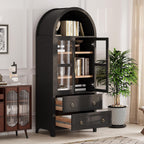 71" Tall Arched Kitchen Pantry Cabinet with 2 Drawers & Glass Doors, Modern Farmhouse Freestanding Storage Cabinet with Adjustable Shelves for Kitchen, Dining Room, Home Organizer(Black)