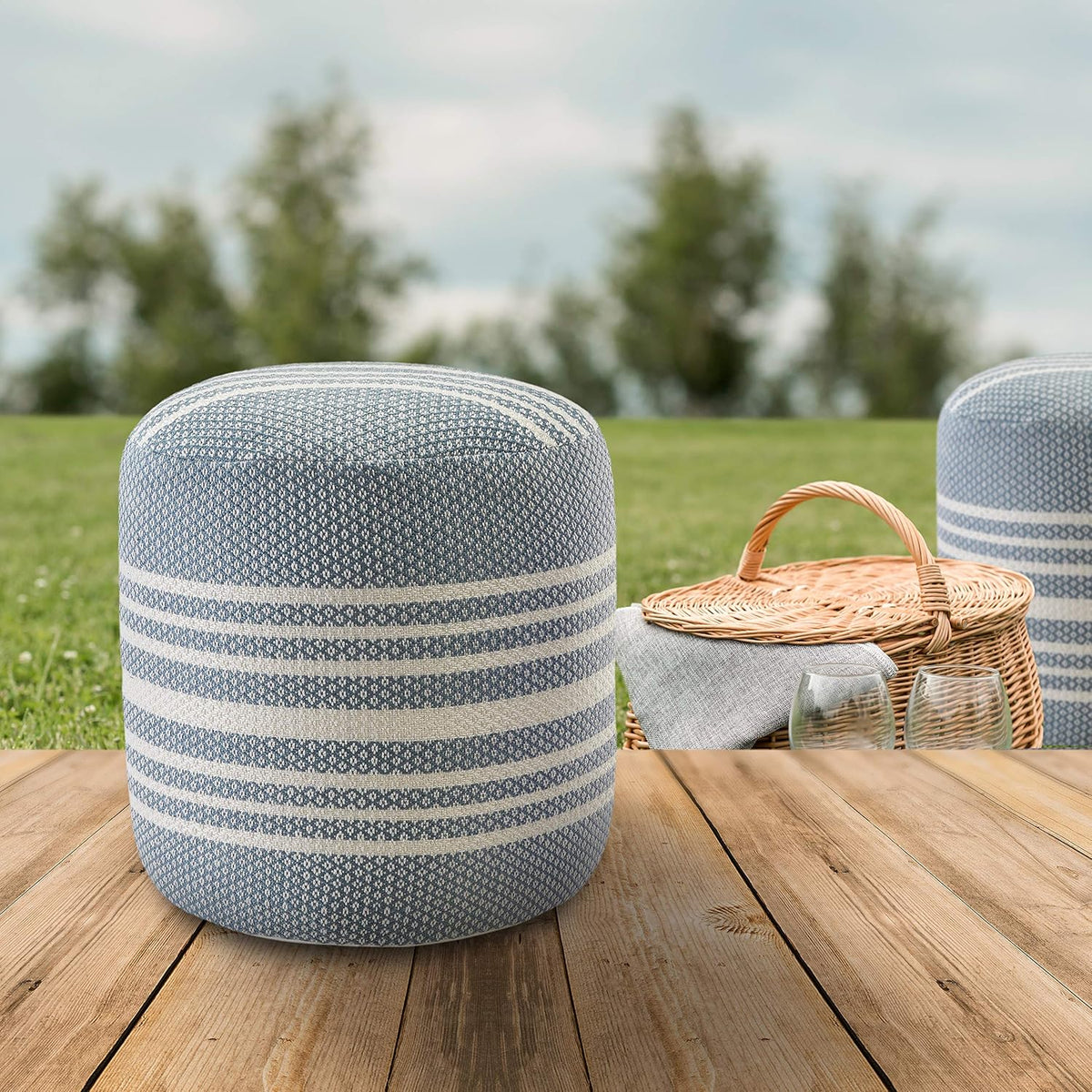 LR Home Simple Stripe Indoor Outdoor Pouf, Blue/White/Pink/Black, 20" x 20" x 20"